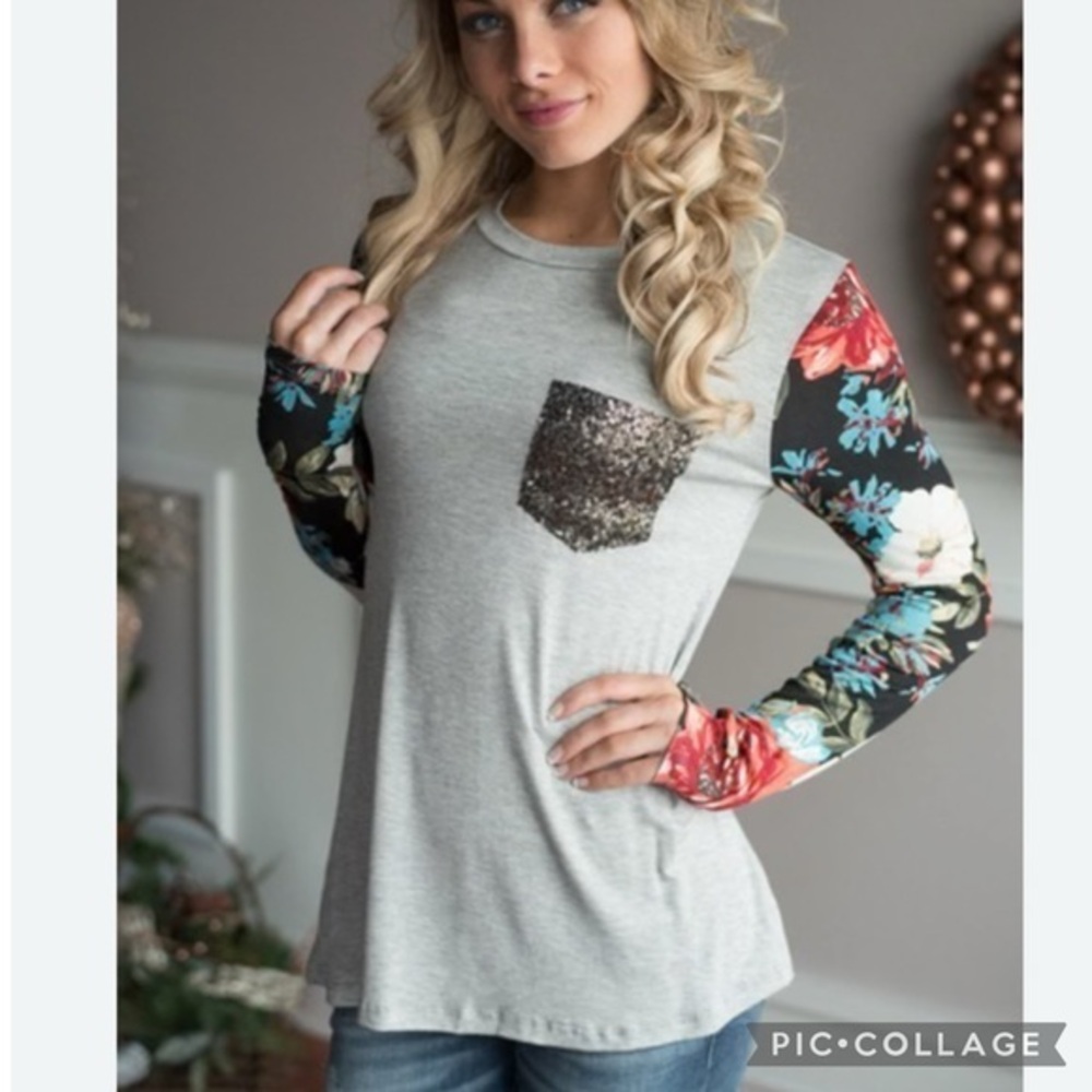 12 pm by Mon Ami Gray Floral Sequin Glam Tee Shirt Top M Boho Chic
